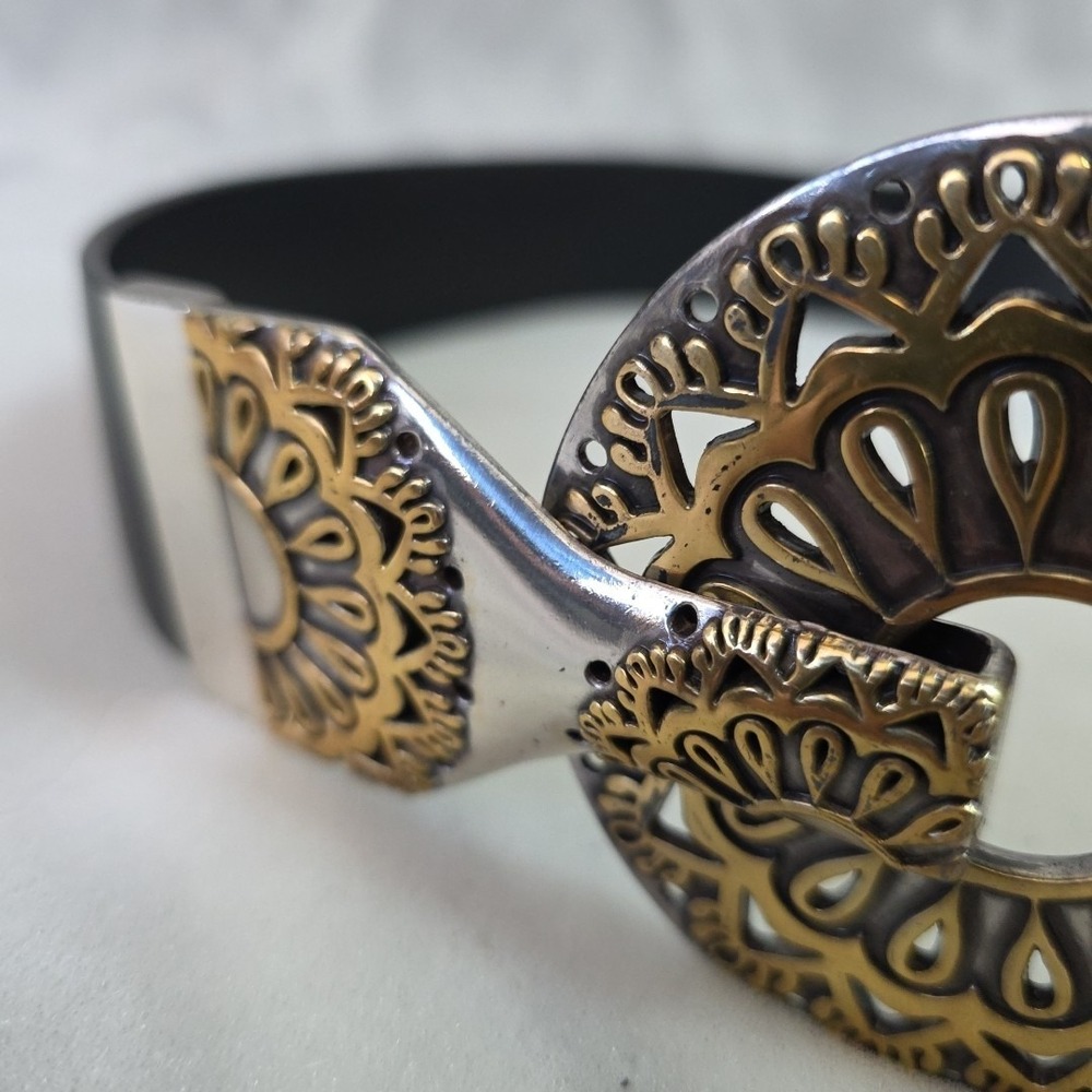 Chico's Black Genuine Leather Belt S/M Boho Mixed Metal Ornate Buckle 30" 2485 - Picture 4 of 12